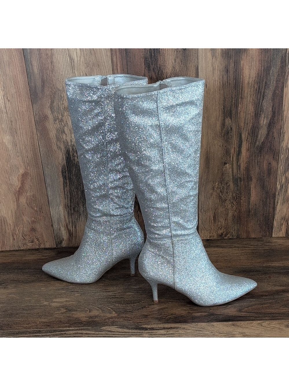 Allegra K Silver Sparkle Heeled Glitter Pointy Toe Knee High Boots 8 M502
